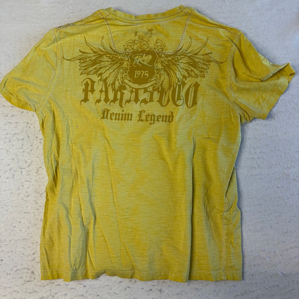 Parasuco T-Shirt Mens XL Yellow Graphic Back Distressed Slub Cotton Short Sleeve
